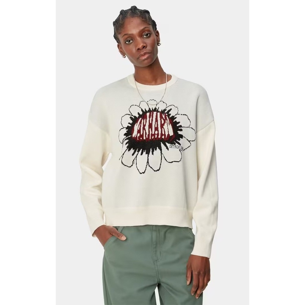 Carhartt WIP Sweater Women Small Ivory Gray Cotton Knit Pixel Flower‎ Streetwear